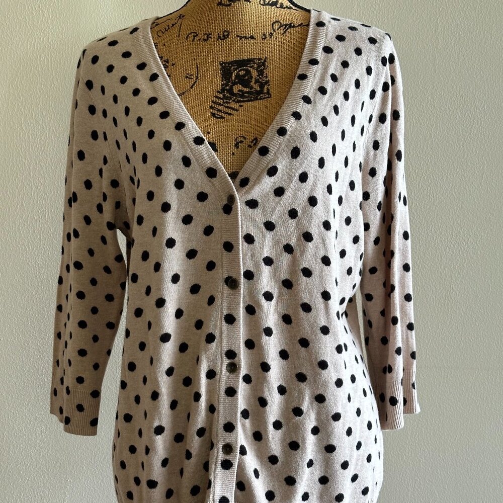 FUN beige and black polka dot Croft & Barrow v-neck cardigan L 100%cotton